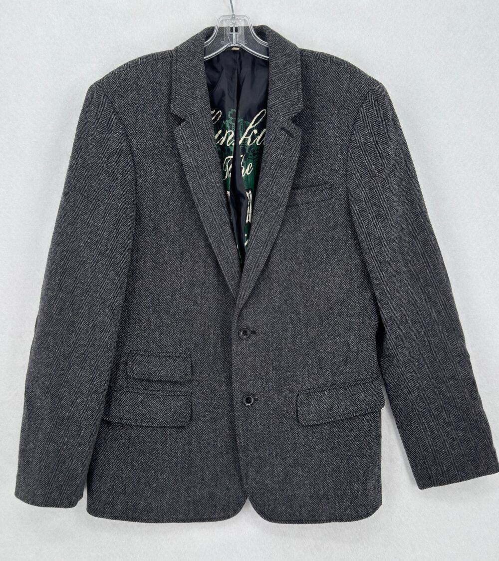 Juicy Couture Mens Gray Herringbone Wool Tweed Elbow Patches Blazer Jacket Sz 42